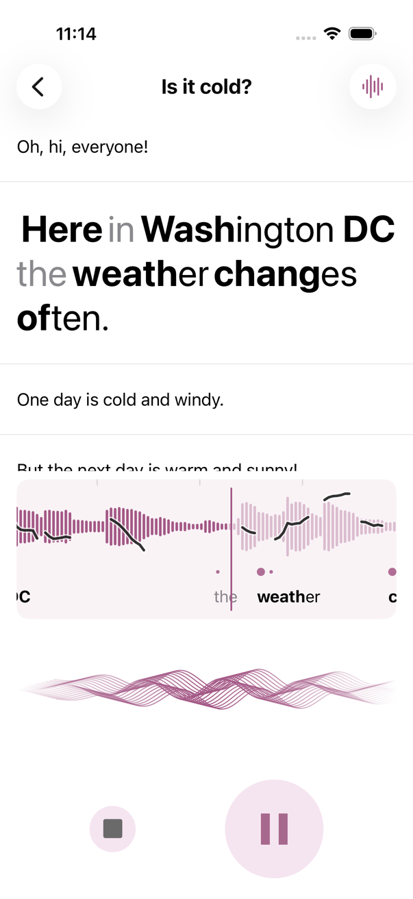 CopyCat playing a sentence, with its sound and each word under it.